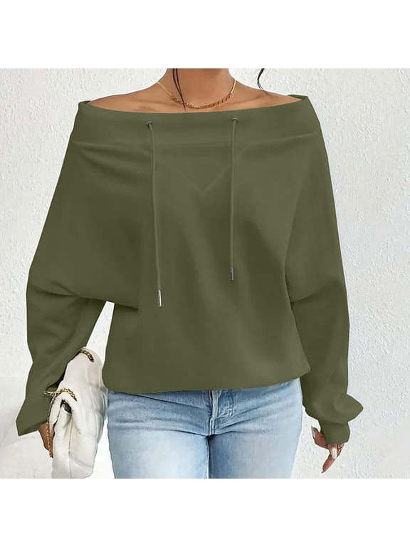 Women Plus Size Fall Winter Long Sleeve Off Shoulder Pullover Tops Solid Casual Loose Fit Sweatshirts Basic Crew Neck Tunic Blouses Cozy Fashion Shirts Clothes, Army Green 3XL