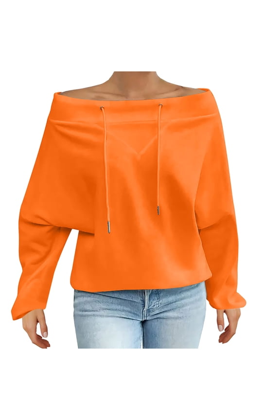 Women Plus Size Fall Winter Long Sleeve Off Shoulder Pullover Tops Solid Casual Loose Fit Sweatshirts Basic Crew Neck Tunic Blouses Cozy Fashion Shirts Clothes, Orange 3XL
