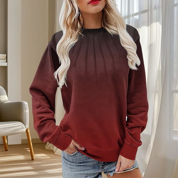 thefmos Women Plus Size Fall Winter Long Sleeve Solid Casual Pullover Tops Sweatshirts Loose Crewneck Blouses Gradient Fashion Clothes, Wine 2XL
