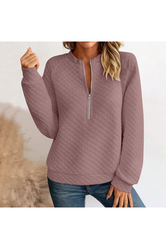 Women Plus Size Fall Winter Long Sleeve Zipper Pullover Tops Warm Casual Crewneck Solid Basic Sweatshirts Blouses Cute Trendy Loose Fit Comfy Shirts, Rose Gold S