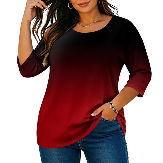 thefmos Women Plus Size Fall Winter Round Neck 3/4 Sleeve Gradient Casual Loose Tshirt Pullover Tops for Women Cute Trendy Comfy Oversized Tee Blouses Daily Wear Work Outfits, Red 4XL