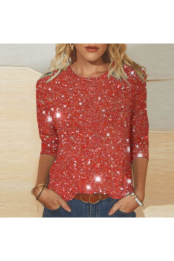 Women Plus Size Fall Winter Round Neck 3/4 Sleeve Sequins Printed Casual Pullover Tops Dressy Trendy Blouses for Holiday Party, Red L