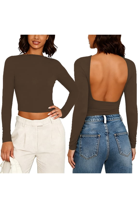 Women Plus Size Fall Winter Round Neck Long Sleeve Backless Crop Top Basic Casual Solid Pullover Tops, Coffee S