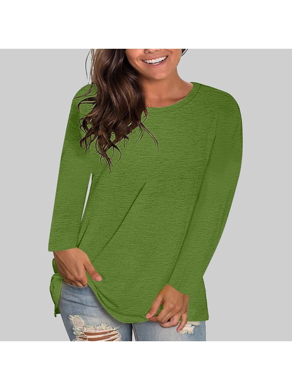 Women Plus Size Fall Winter Round Neck Long Sleeve Casual Basic Pullover Tops Loose Solid Tee Shirts Trendy Streetwear Fashion Clothes, Army Green L