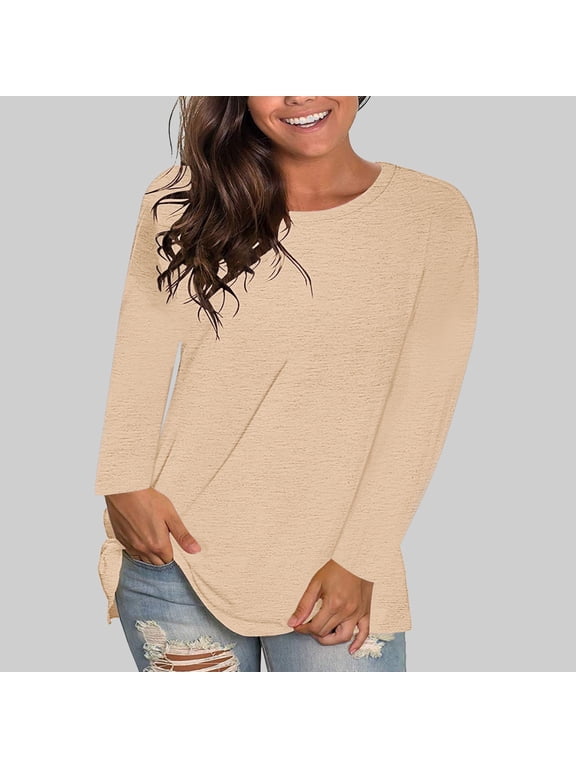 Women Plus Size Fall Winter Round Neck Long Sleeve Casual Basic Pullover Tops Loose Solid Tee Shirts Trendy Streetwear Fashion Clothes, Khaki S