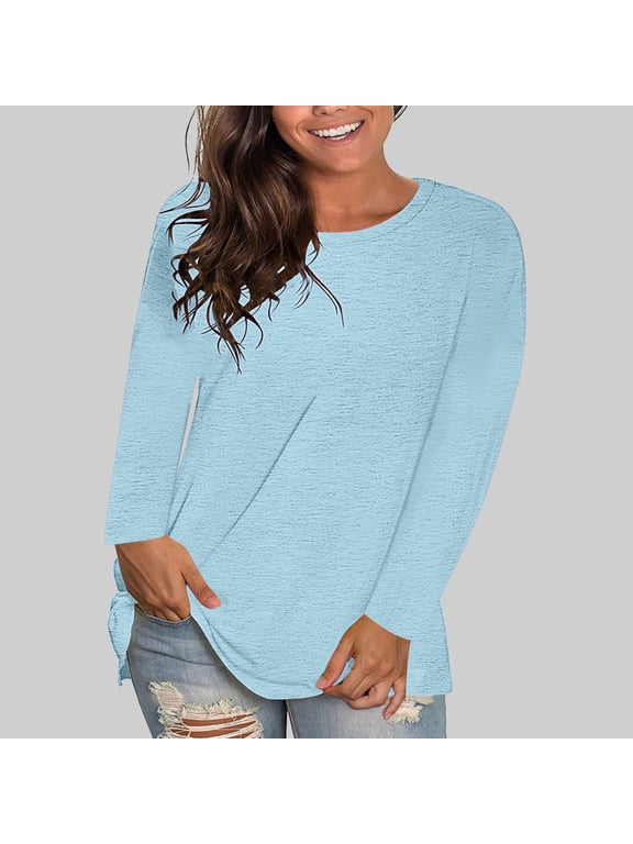 Women Plus Size Fall Winter Round Neck Long Sleeve Casual Basic Pullover Tops Loose Solid Tee Shirts Trendy Streetwear Fashion Clothes, Light Blue M