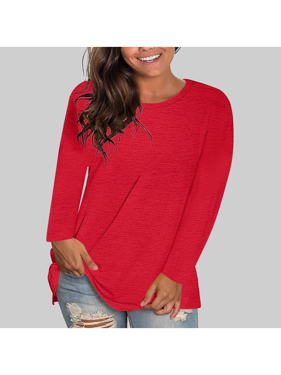 Women Plus Size Fall Winter Round Neck Long Sleeve Casual Basic Pullover Tops Loose Solid Tee Shirts Trendy Streetwear Fashion Clothes, Red XL