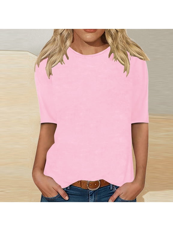 Women Plus Size Fall Winter Round Neck Short Sleeve Solid Casual Basic Tee Tops Loose Fit Tee Shirts, Pink 4XL