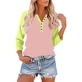 thumbnail image 1 of thefmos Women Plus Size Fall Winter V Neck 3/4 Sleeve Button Down Casual Solid Basic Pullover Tops Tshirt, Pink 2XL, 1 of 9