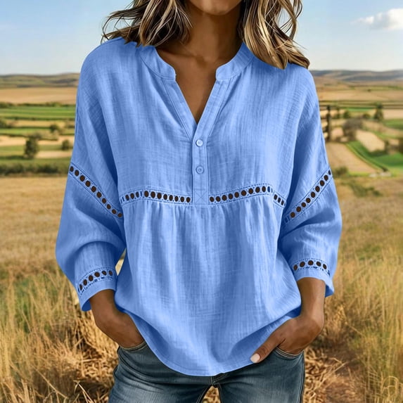 thefmos Women Plus Size Fall Winter V Neck 3/4 Sleeve Eyelet Casual Blouses Loose Pullover Tops Solid Dressy Tunic Tee, Blue XL