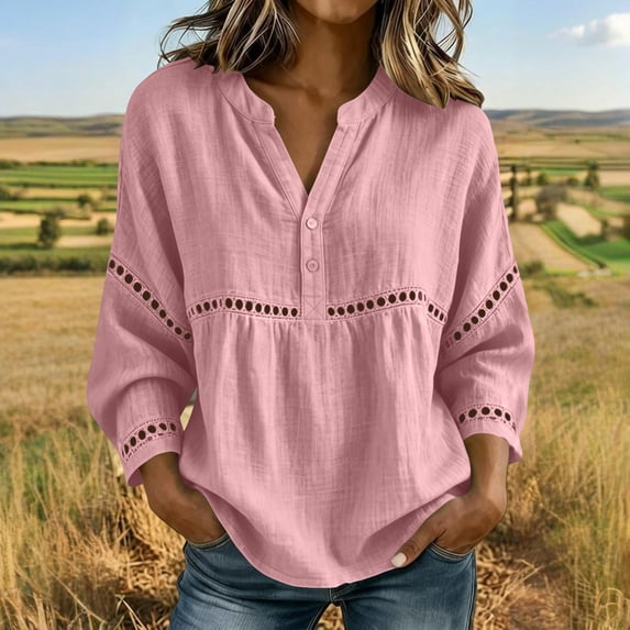 thefmos Women Plus Size Fall Winter V Neck 3/4 Sleeve Eyelet Casual Blouses Loose Pullover Tops Solid Dressy Tunic Tee, Pink M