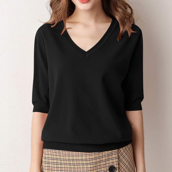 thefmos Women Plus Size Fall Winter V Neck 3/4 Sleeve Knitted Pullover Tops Solid Color Casual Loose Chic Blouses for Daily Wear Cozy Sweaters, Black 3XL