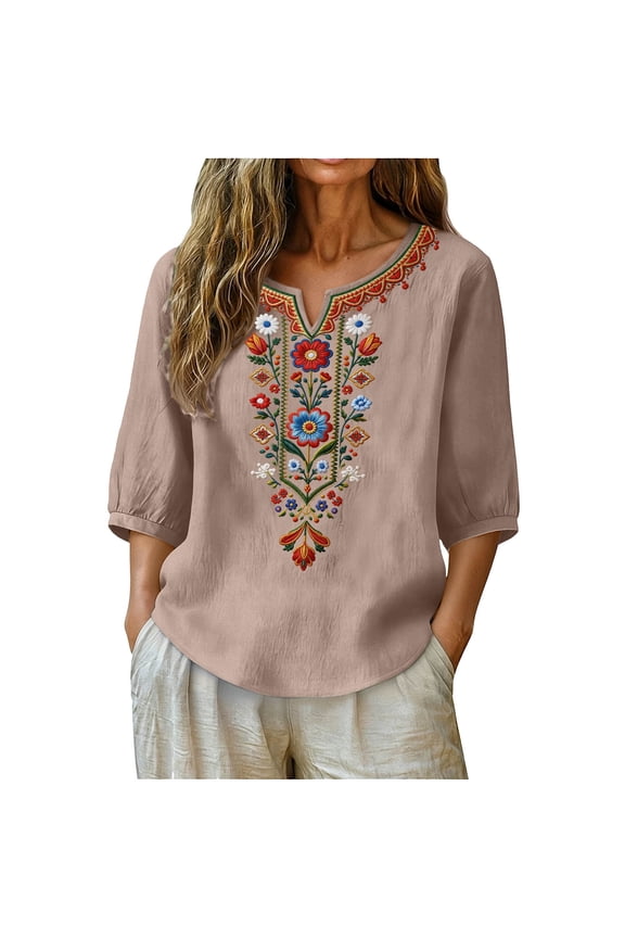 Women Plus Size Fall Winter V Neck 3/4 Sleeve Tops Embroidered Boho Casual Pullover Blouses Loose Tunic Tee Shirts Embroidery Summer Vacation Clothes, Khaki L