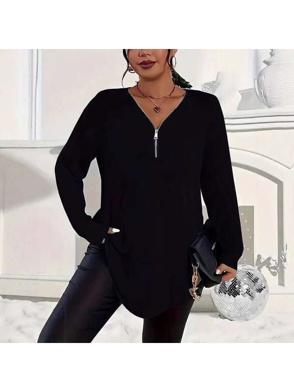 Women Plus Size Fall Winter V Neck Long Sleeve Zipper Pullover Tops Casual Solid Loose Fit Tunic Tshirts Blouses, Black 2XL