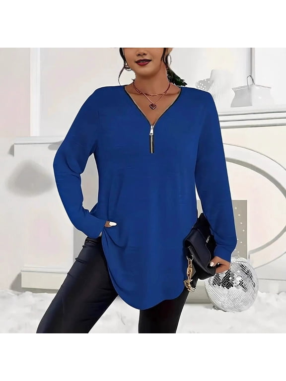 Women Plus Size Fall Winter V Neck Long Sleeve Zipper Pullover Tops Casual Solid Loose Fit Tunic Tshirts Blouses, Blue 3XL