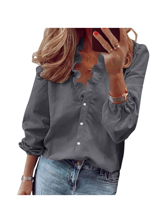 Women Plus Size Fall Winter V Neck Ruffle Blouse Long Sleeve Button Down Casual Tunic Tops Solid Basic Tee Shirts Trendy Vacation Clothes, Gray M