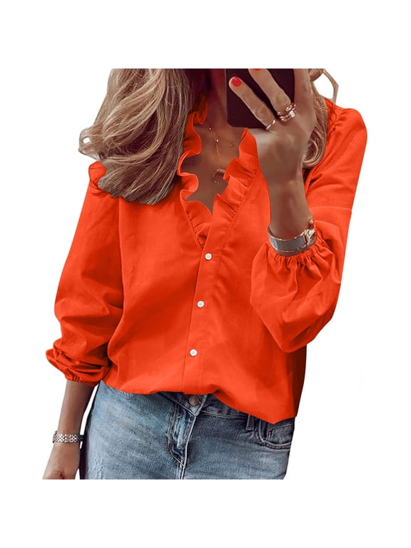 Women Plus Size Fall Winter V Neck Ruffle Blouse Long Sleeve Button Down Casual Tunic Tops Solid Basic Tee Shirts Trendy Vacation Clothes, Orange S