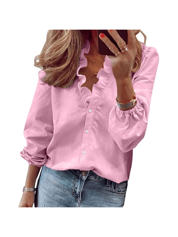 Women Plus Size Fall Winter V Neck Ruffle Blouse Long Sleeve Button Down Casual Tunic Tops Solid Basic Tee Shirts Trendy Vacation Clothes, Pink L