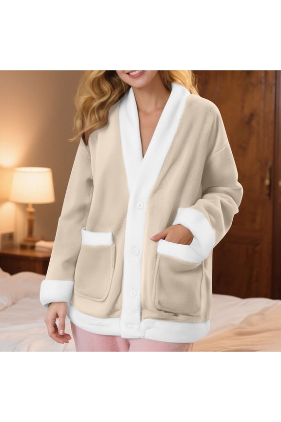 Women Plus Size Fleece Jacket Winter Loungewear Flannel Fuzzy Bed Coat Casual Cozy Lounge Tops for Home, Beige S