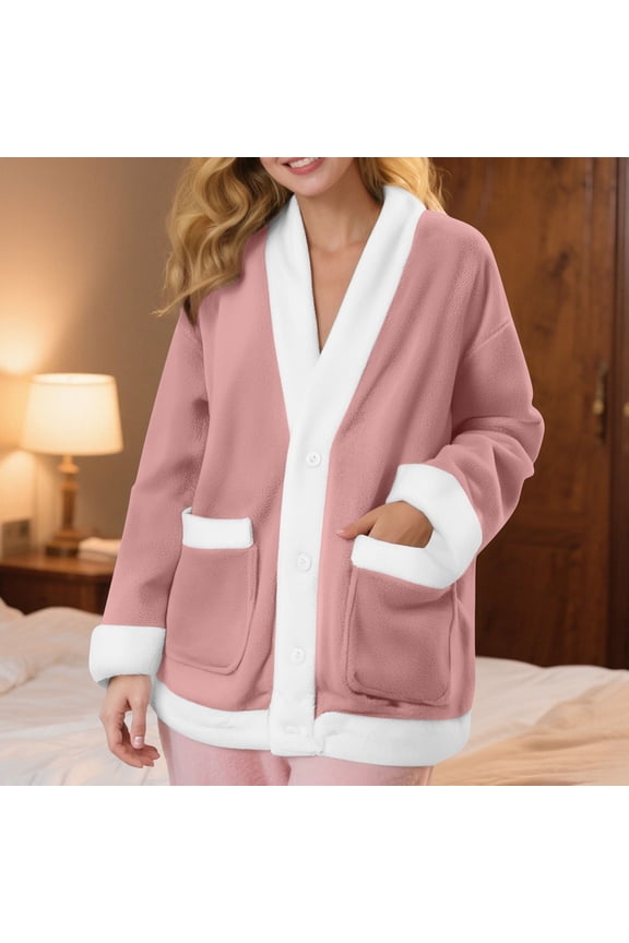 Women Plus Size Fleece Jacket Winter Loungewear Flannel Fuzzy Bed Coat Casual Cozy Lounge Tops for Home, Pink S