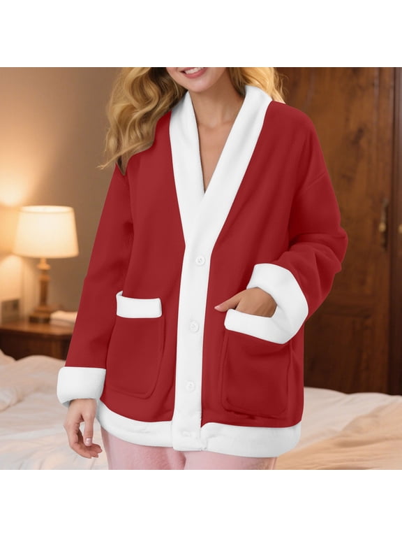 Women Plus Size Fleece Jacket Winter Loungewear Flannel Fuzzy Bed Coat Casual Cozy Lounge Tops for Home, Wine S