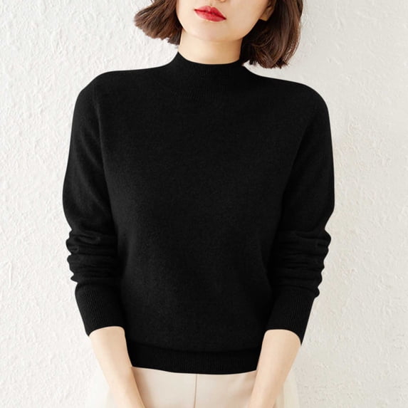 thefmos Women Plus Size High Neck Knitted Pullover Tops Long Sleeve Solid Warm Sweater Casual Winter Fall Fashion Clothes, Black L