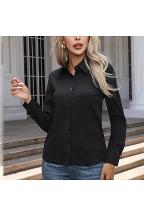 Women Plus Size Long Sleeve Button Down Blouse Casual Collared Shirt Fall Winter Spring Solid Business Work Tops, Black M