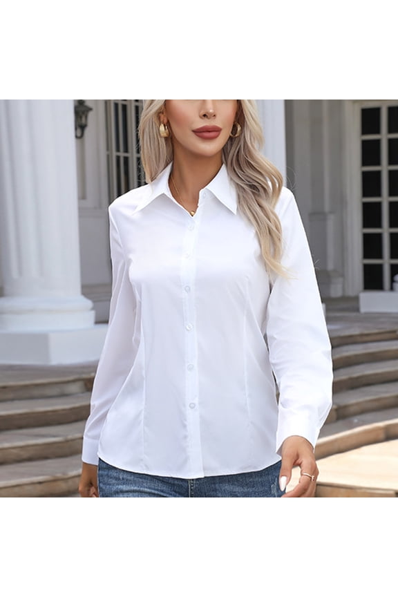 Women Plus Size Long Sleeve Button Down Blouse Casual Collared Shirt Fall Winter Spring Solid Business Work Tops, White 3XL