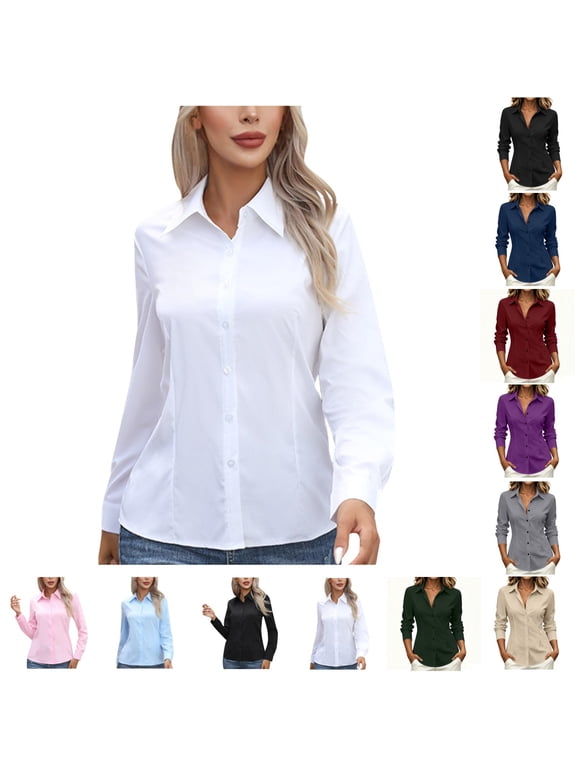 Women Plus Size Long Sleeve Button Down Blouse Casual Collared Shirt Fall Winter Spring Solid Business Work Tops, White 3XL