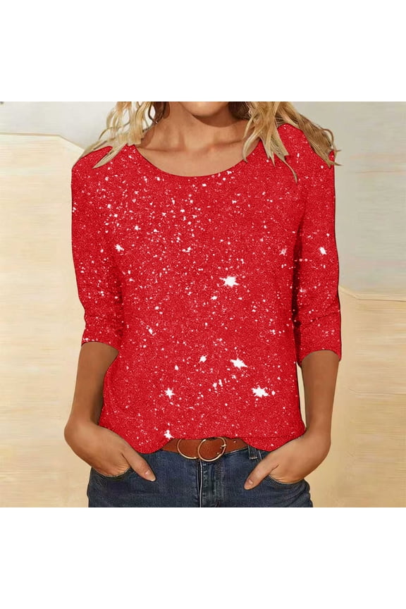 Women Plus Size Round Neck Sequins Printed Tshirt 3/4 Sleeve Casual Loose Pullover Tops Fall Basic Blouses Trendy Everyday Wear Fashion Clothes, Red 2XL