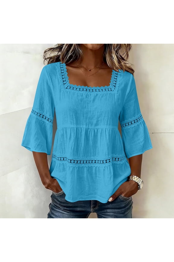 Women Plus Size Square Neck 3/4 Sleeve Lace Trim Boho Tunic Tops Solid Basic Loose Pullover Blouses Summer Casual Vacation Clothes For Curvy, Dark Blue S