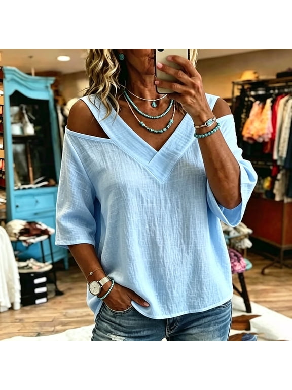 Women Plus Size Summer Fall V Neck 3/4 Sleeve Cold Shoulder Tops Casual Pullover Blouses Loose Fit Basic Tees for Vacation Beach Outfits, Light Blue XL