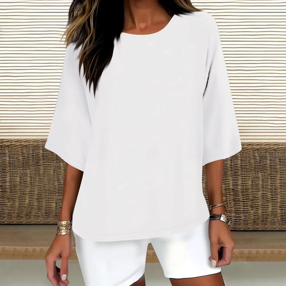 thefmos Women Plus Size Summer Round Neck 3/4 Sleeve Casual Loose T Shirt Solid Basic Tee Top, White XL