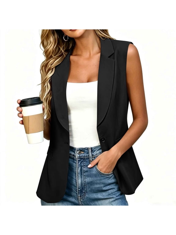 Women Plus Size Summer Sleeveless Button Down Blazer Vest Open Front Casual Work Office Trendy Loose Solid Basic Tops, Black 3XL