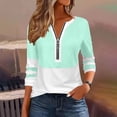 thumbnail image 1 of thefmos Women Plus Size V Neck 3/4 Sleeve Zipper Color Block Pullover Tops for Fall Winter Cute Trendy Casual Basic Tshirt Solid Comfy Blouses Everyday Business Work Clothes, Mint Green L, 1 of 6