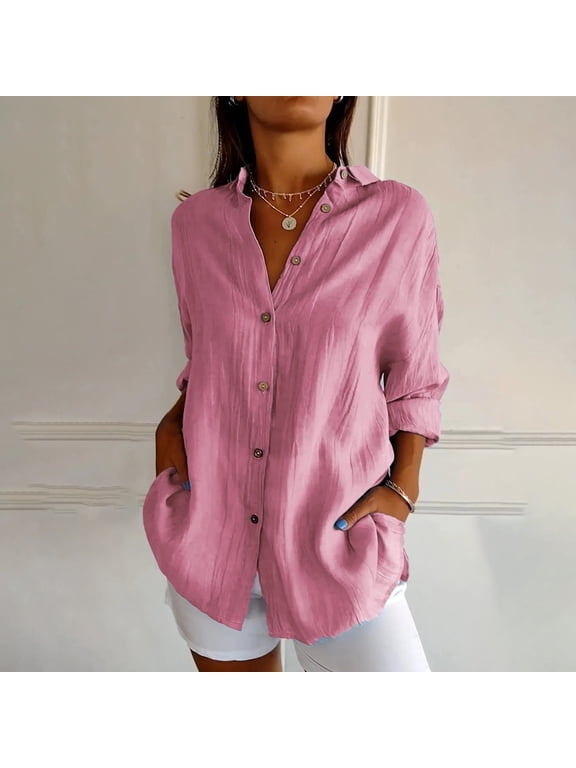 Women Plus Size V Neck Long Sleeve Button Down Blouse Casual Loose Fit Solid Tunic Tops Summer Vacation Fashion Shirt, Pink 4XL