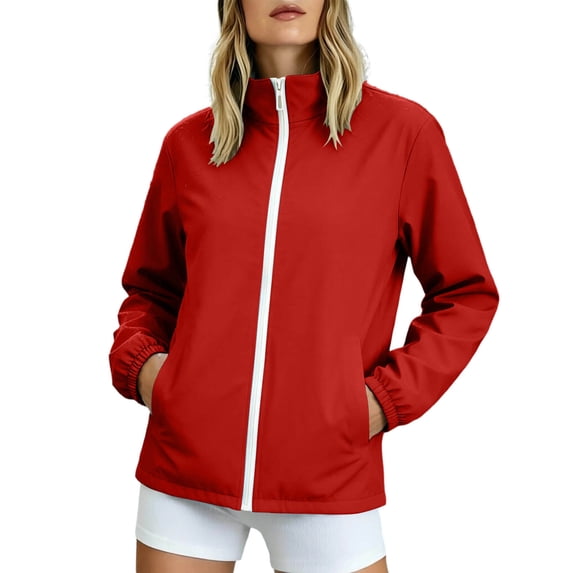 thefmos Women Plus Size Zip Up Long Sleeve Raincoat High Neck Fall Winter Casual Windbreaker Solid Basic Outdoor Jacket Trendy Trench Coat, Red 3XL