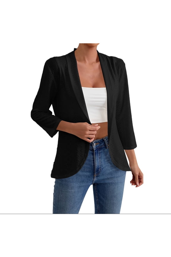 Women Summer 3/4 Sleeve Eyelet Open Front Cardigan Blazer Casual Solid Cover Up Jackets for Beach Vacation Lightweight Office Fashion Tops, Black S