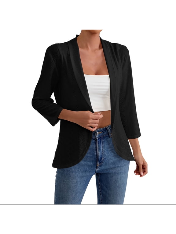 Women Summer 3/4 Sleeve Eyelet Open Front Cardigan Blazer Casual Solid Cover Up Jackets for Beach Vacation Lightweight Office Fashion Tops, Black S