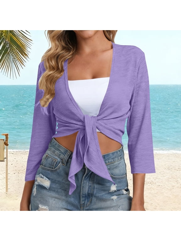 Women Summer 3/4 Sleeve Knot Front Tops Casual Tie Front Cropped Pullover Coverup Solid Basic Blouses Loose Trendy Vacation Beachwear, Purple S