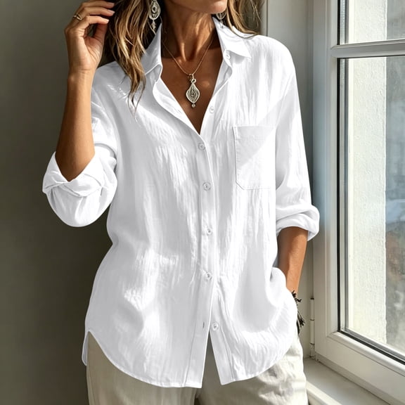 thefmos Women Summer Button Down Shirts Long Sleeve Collared Casual Loose Blouses Solid Basic Tops For Vacation Beach Work Daily Wear, White S