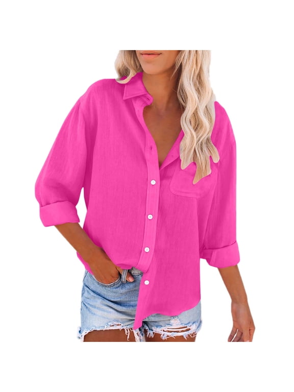 Women Summer Fall 3/4 Sleeve Button Down Blouse Casual Solid Basic Loose Shirt Collared Tops Dressy Vacation Fashion Clothes, Hot Pink 2XL