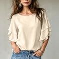 thumbnail image 1 of thefmos Women Summer Fall Round Neck 3/4 Sleeve Ruffle Flowy Tops Boho Casual Pullover Blouses Solid Dressy Vacation Clothes, Beige XL, 1 of 5