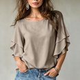 thumbnail image 1 of thefmos Women Summer Fall Round Neck 3/4 Sleeve Ruffle Flowy Tops Boho Casual Pullover Blouses Solid Dressy Vacation Clothes, Brown L, 1 of 5
