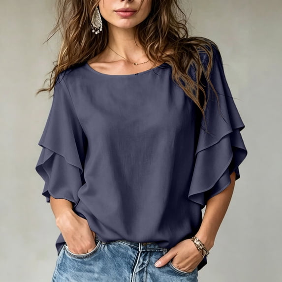 thefmos Women Summer Fall Round Neck 3/4 Sleeve Ruffle Flowy Tops Boho Casual Pullover Blouses Solid Dressy Vacation Clothes, Navy S