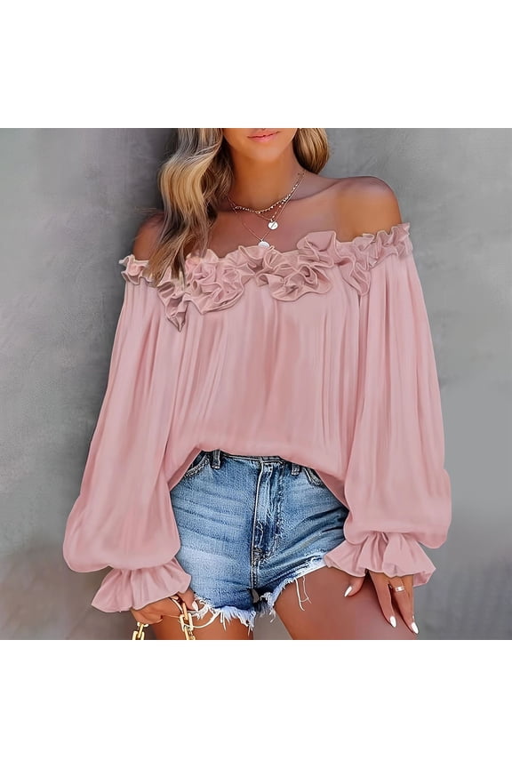 Women Summer Off Shoulder Ruffle Sleeve Flowy Blouse Casual Loose Fit Solid Basic Tops Trendy Beach Vacation Clothes, Pink L