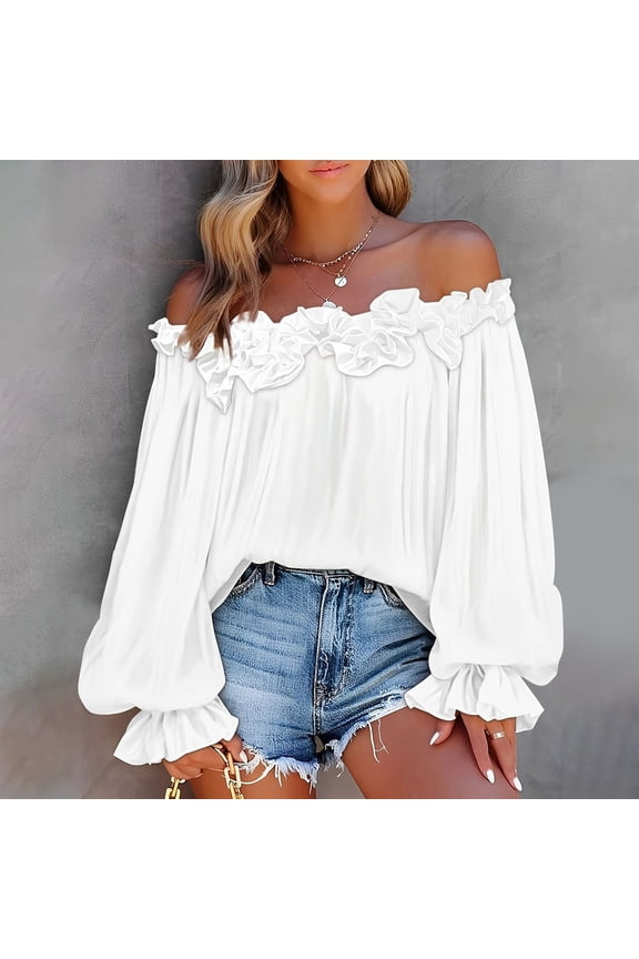 Women Summer Off Shoulder Ruffle Sleeve Flowy Blouse Casual Loose Fit Solid Basic Tops Trendy Beach Vacation Clothes, White S