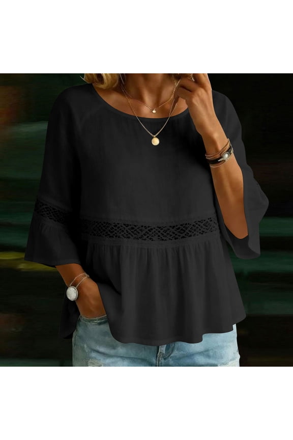 Women Summer Round Neck 3/4 Sleeve Lace Trim Flowy Boho Casual Pullover Tops Dressy Casual Loose Blouses Fall Shirts Clothes, Black 2XL