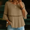 thumbnail image 1 of thefmos Women Summer Round Neck 3/4 Sleeve Lace Trim Flowy Boho Casual Pullover Tops Dressy Casual Loose Blouses Fall Shirts Clothes, Coffee L, 1 of 8