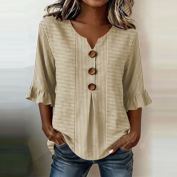 thefmos Women Summer V Neck 3/4 Sleeve Button Down Striped Casual Blouses Tops Flowy Basic Pullover Tee Shirts Beach Vacation Outfits, Beige S